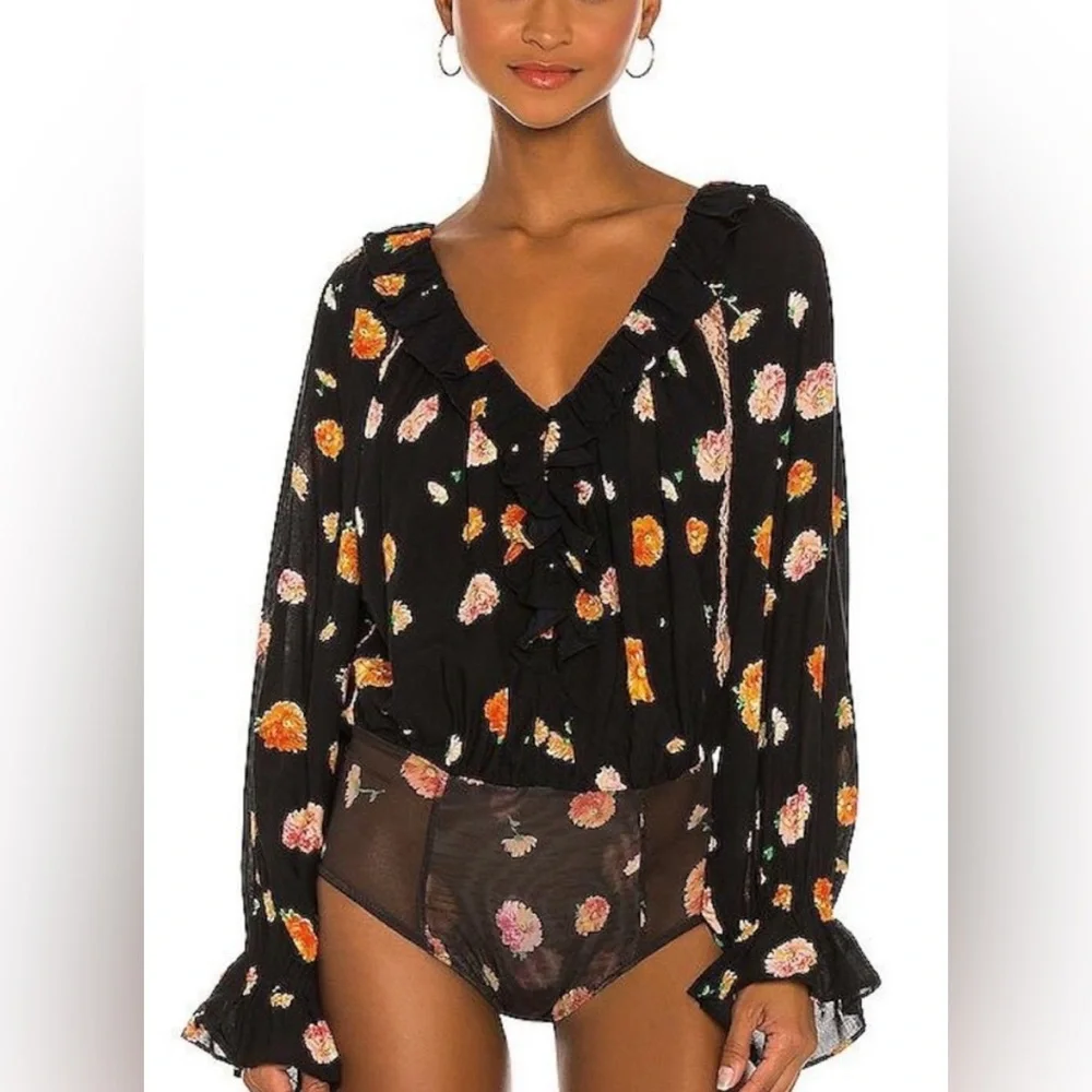 Free People |‎ Poppy Print Bodysuit | Black | Women’s Size Small
